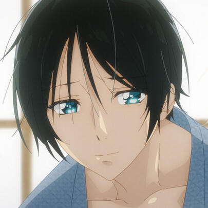 Aoi Nanamori from The Demon Prince of Momochi House. A young man with short dark hair and shiny blue eyes smiles softly.