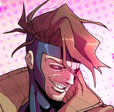 Gambit Gambit from the X-Men. He has short messy hair with long bangs and scraggly stubble. He smirks with a toothpick between his teeth.